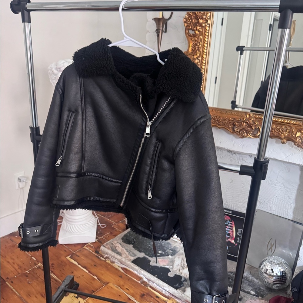 Zara Black Leather Jacket with Shearling Collar